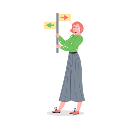 Woman holding direction signpost mark  Illustration