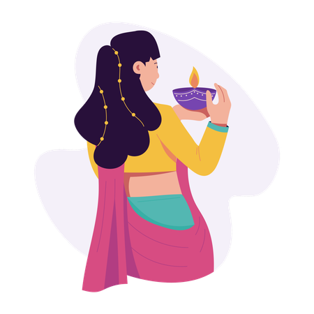 Woman holding diya  Illustration