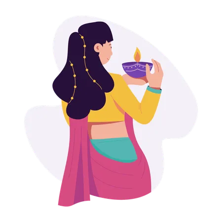 Woman holding diya  Illustration