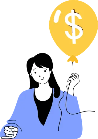 Woman holding dollar balloon  Illustration