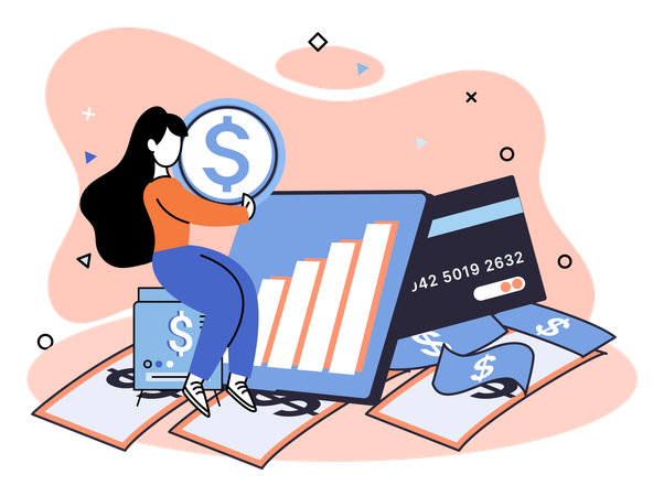 Woman holding dollar while savings in bank  Illustration