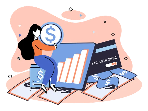 Woman holding dollar while savings in bank  Illustration