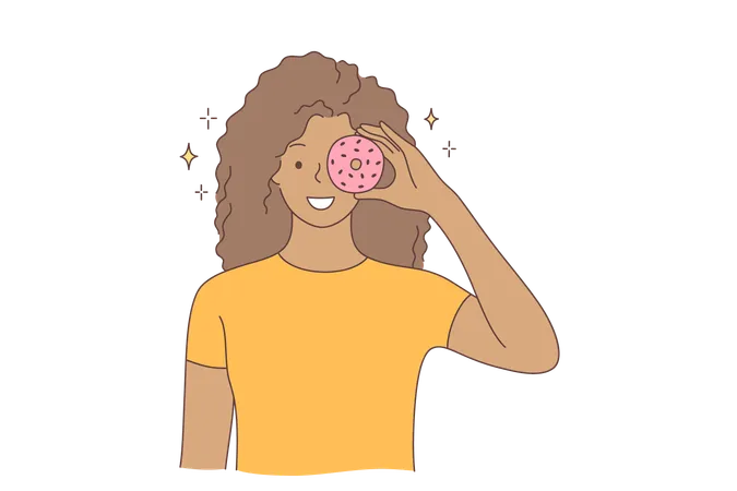 Food Beauty Junk Food Advertising Fun Concept Young Happy Smiling Cheerful African American Woman Girl Character Holding Doughnut On Eye Having Fun With Sweets And Unhealthy Nutrition Promotion Illustration