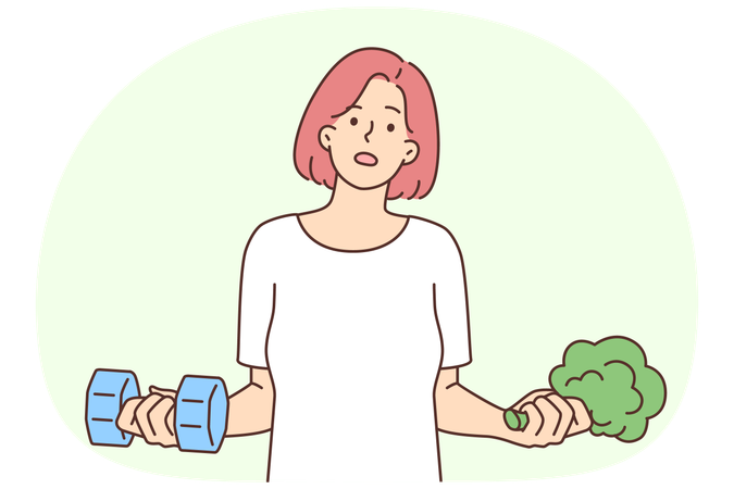 Woman holding dumbbells and broccoli wanting to choose way to lose weight  Illustration