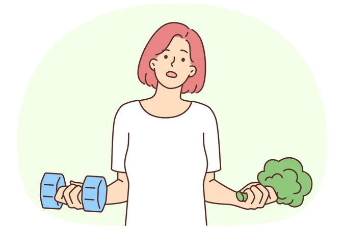 Woman holding dumbbells and broccoli wanting to choose way to lose weight  Illustration