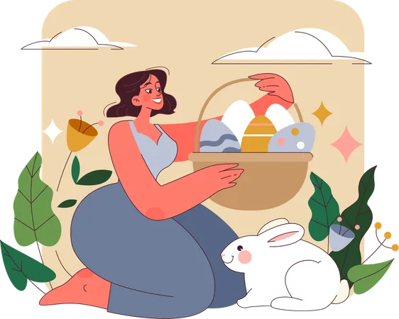Woman holding easter eggs basket  Illustration