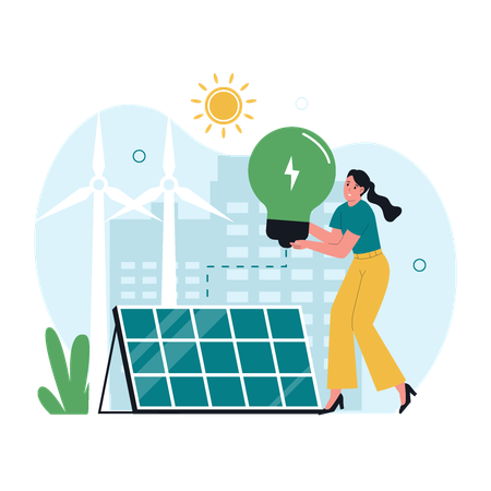 Woman Holding Eco Light Bulb and Solar Panel  Illustration