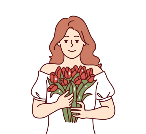 Woman holding flower bouquet  イラスト