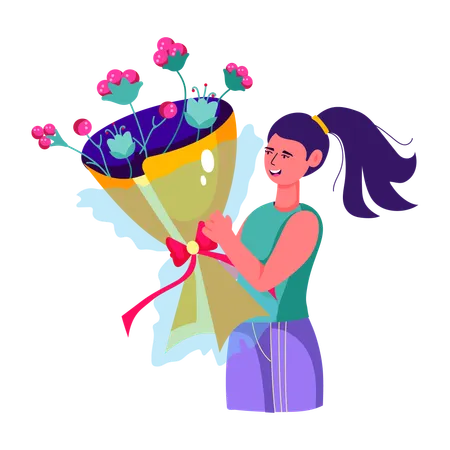 Woman holding flower bouquet  Illustration