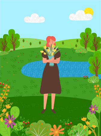 Woman Holding Flower  Illustration