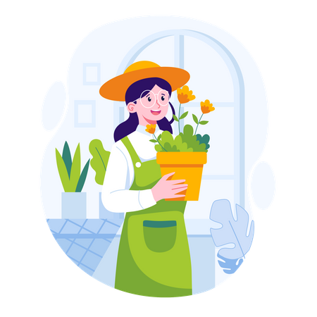 Woman holding flower pot  Illustration
