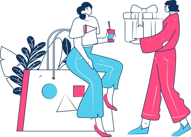 Woman holding gift box while doing online shopping  Illustration