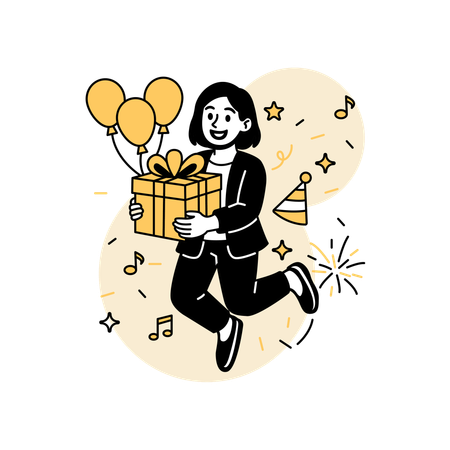 Woman Holding  Gift Box with Balloons  Illustration