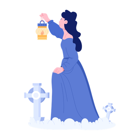 Woman holding Grave Lamp  Illustration