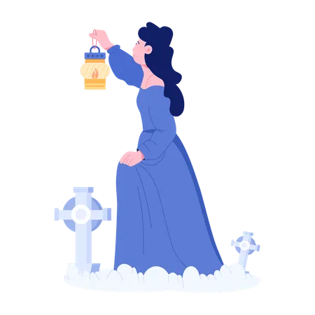 Woman holding Grave Lamp  Illustration