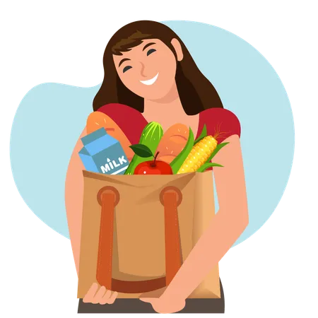 Woman Holding A Cloth Bag With Vegetables In Her Hand Shopping For Organic Products Reject Plastic Waste Free Consumption And Environmental Protection Illustration