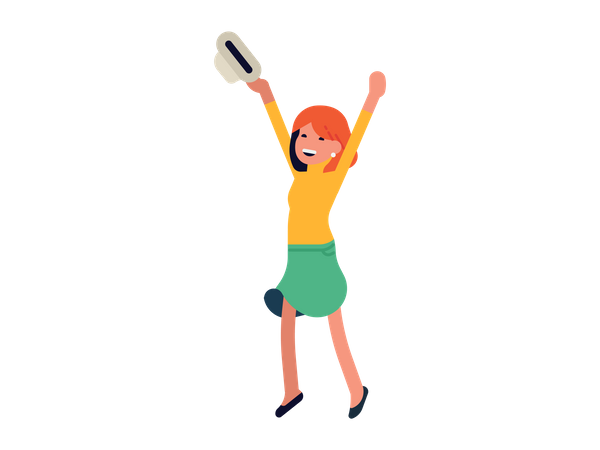 Woman holding hat in her hand and celebrating victory  Illustration