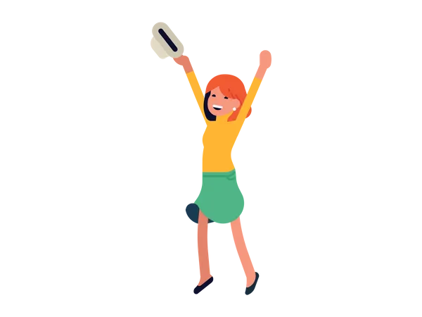 Woman holding hat in her hand and celebrating victory  Illustration