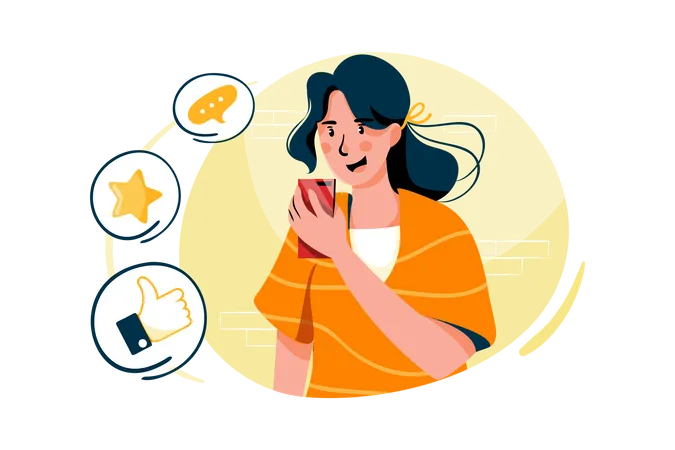 Woman holding her phone and choosing the way to feedback  Illustration