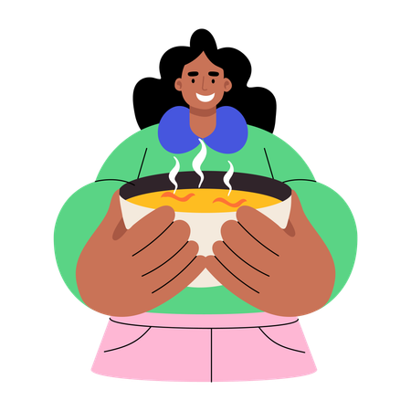 Woman holding hot soup bowl  Illustration