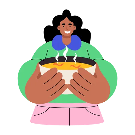 Woman holding hot soup bowl  Illustration