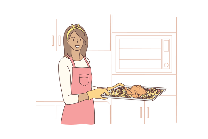 Woman holding hot tray baked chicken  일러스트레이션