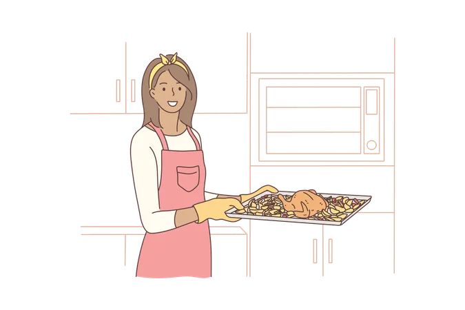 Woman holding hot tray baked chicken  Illustration
