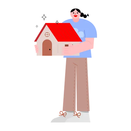 Woman Holding House Vector Illustration In Flat Color Design Illustration