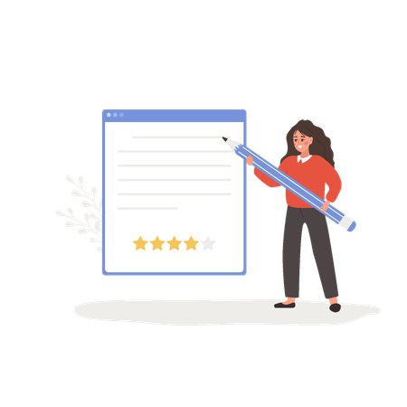 Woman holding huge pen and leaving comment with four stars rating  Illustration