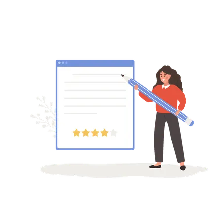 Customer Review Concept Woman Holding Huge Pen And Leaving Comment With Four Stars Rating Girl Standing Near Big Dialog Window In Application With Feedback Vector Flat Cartoon Illustration Illustration