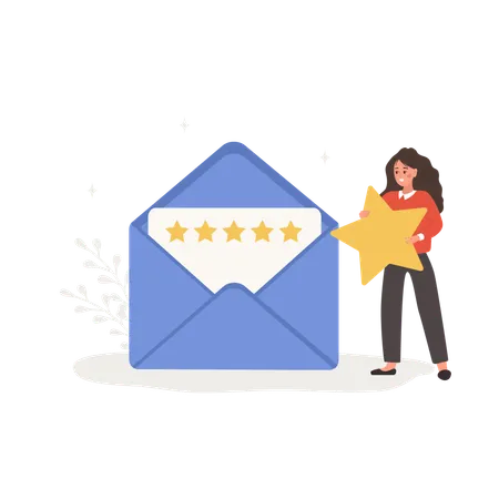 Customer Feedback Concept Woman Holding Huge Star User Giving Five Stars Rating Envelope With Client Review Positive Response Vector Illustration In Flat Cartoon Style Illustration