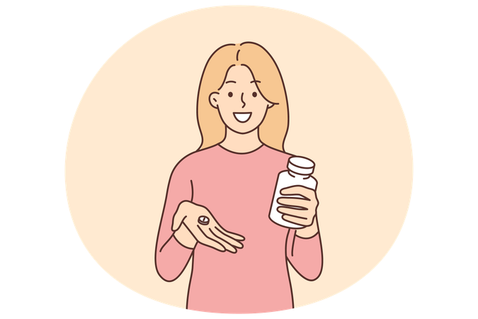 Woman holding in her hands capsule with medicine that relieves headache  Illustration