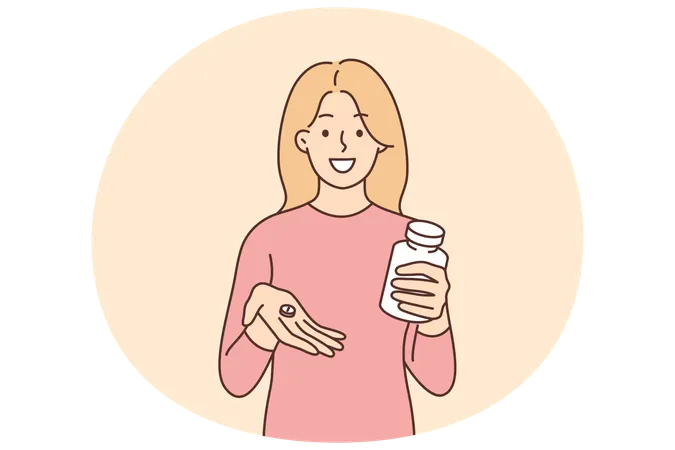 Woman holding in her hands capsule with medicine that relieves headache  Illustration