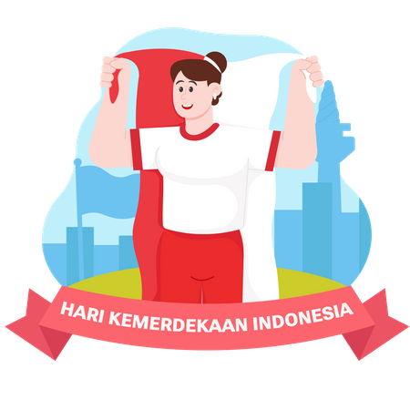 Woman holding indonesian flag on independence day  Illustration