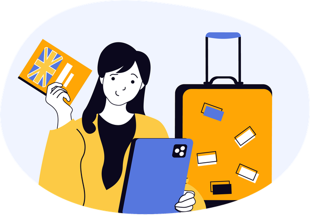 Woman holding international flight tickets  Illustration