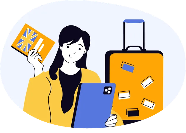 Woman holding international flight tickets  Illustration