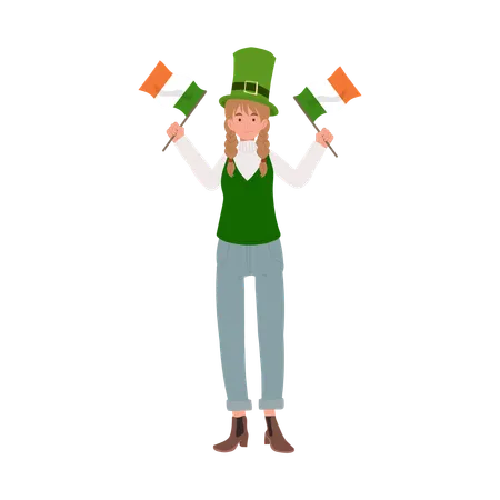 St Patricks Day Festive Joyful Woman With Irish Flag Illustration