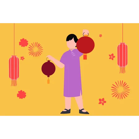 Chinese woman holding lantern  Illustration