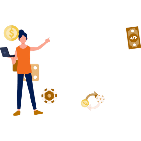 Woman holding laptop while pointing money  Illustration
