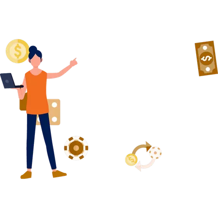 Woman holding laptop while pointing money  Illustration