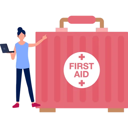 Woman Holding Laptop While Showing First Aid Box  Illustration