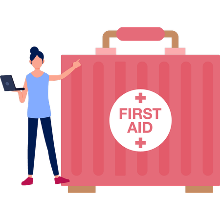 Woman Holding Laptop While Showing First Aid Box  Illustration