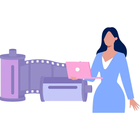 Woman holding laptop with camera reel  Illustration