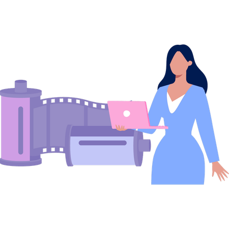 Woman holding laptop with camera reel  Illustration