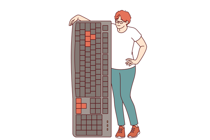 大きなコンピューターキーボードを持ち、フリーランサーになってリモートで働くことを勧める女性  イラスト