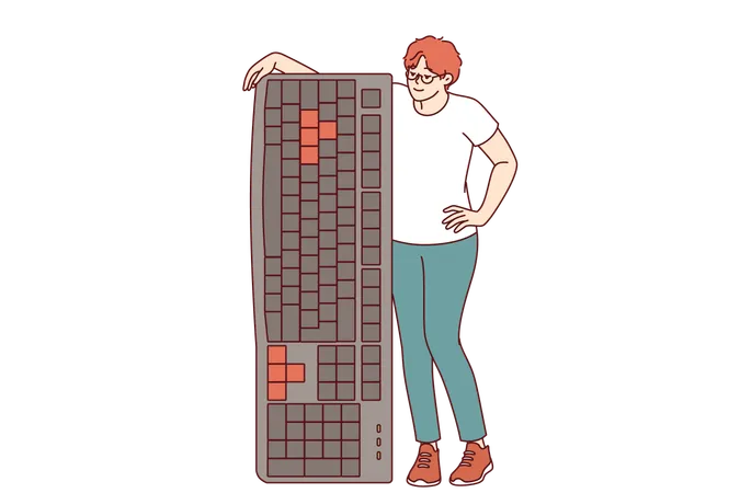 Woman holding large computer keyboard encouraging you to become freelancer and work remotely  Illustration