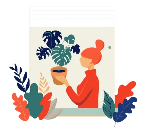 Woman Holding Leaves Plant pot on her hand  Illustration