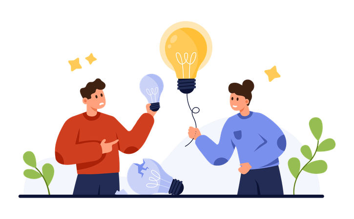 Woman holding light bulb on string to share with man  Illustration