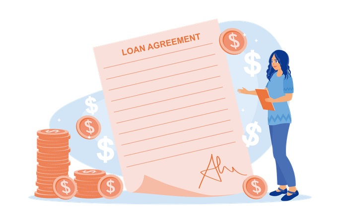 Woman holding loan agreement from bank and Sign loan agreement  Illustration