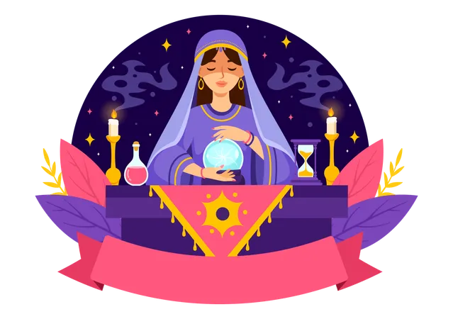Fortune Teller Vector Illustration With Crystal Ball Magic Book Or Tarot For Predicts Fate And Telling The Future Concept In Flat Cartoon Background Illustration